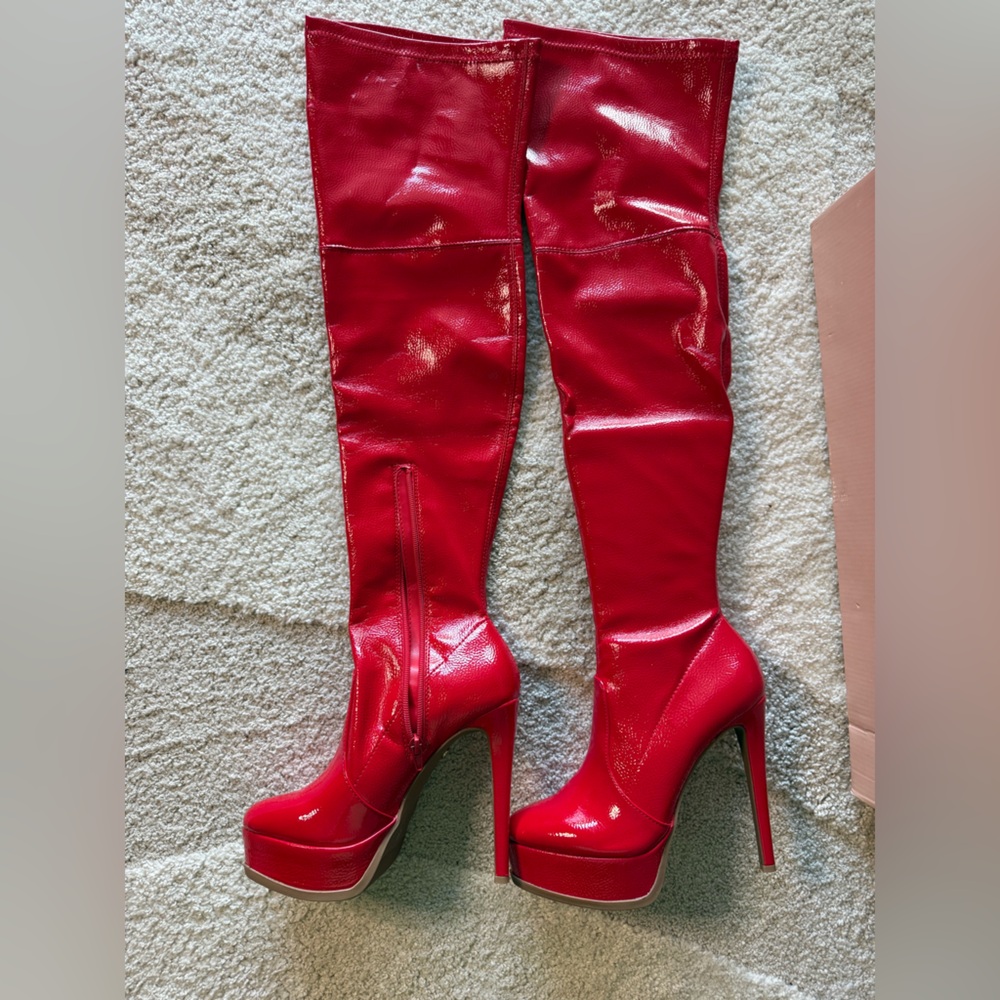 Thalia Sodi Glossy Red Over the Knee Boots
